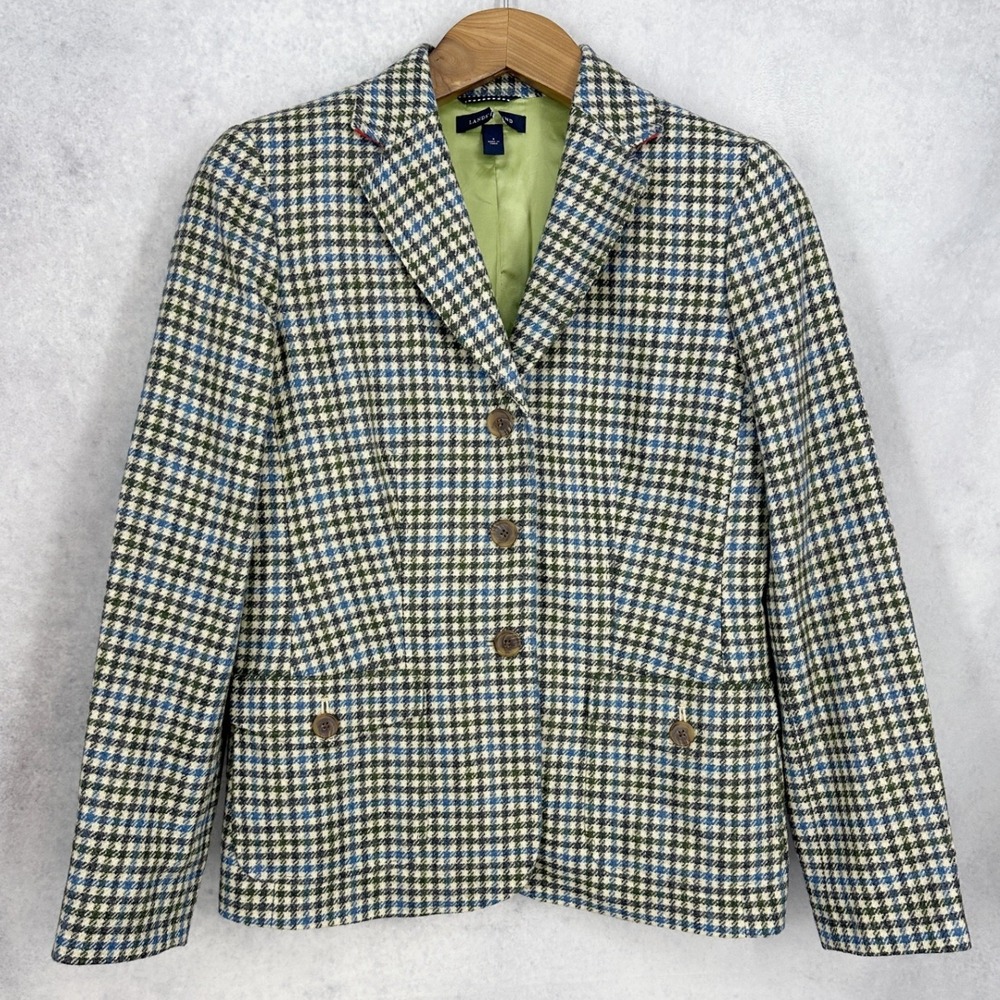 Lands End 100% Wool Houndstooth Blazer Women's Size 8 Green/Blue/Red Collar